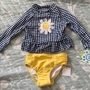 Little Me Navy Checkered Rashguard with Yellow Bottoms